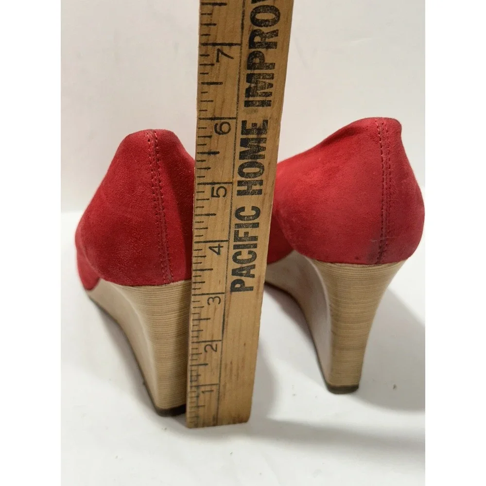 Tod's Crimson Red Suede Peep Toe Wedge Pumps Size 37 (US 7 ) Women's Shoes